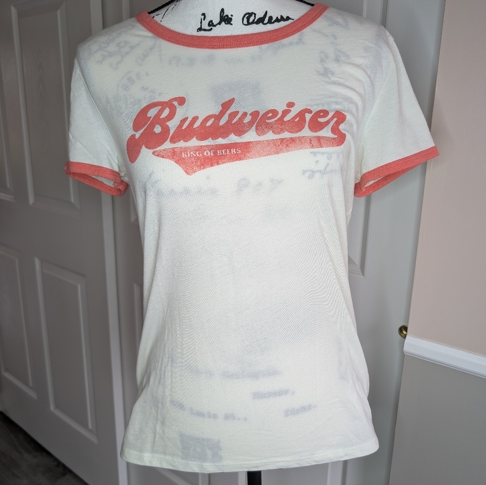 Lucky Brand Budweiser White Ringer Tee with Coral Logo